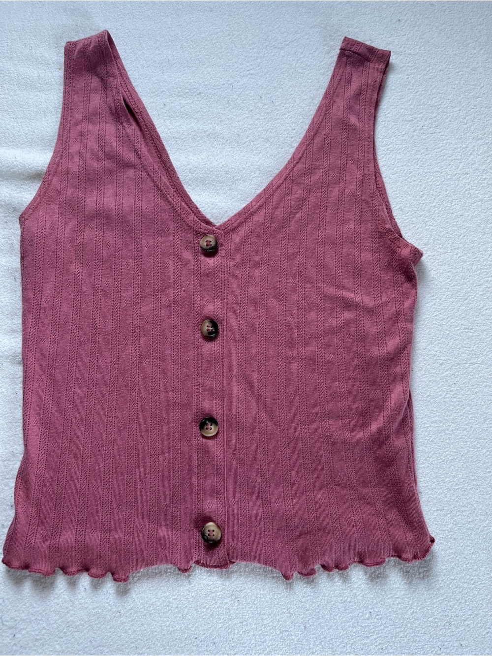 Ribbed Button-Front V-Neck Tank Top - Mauve